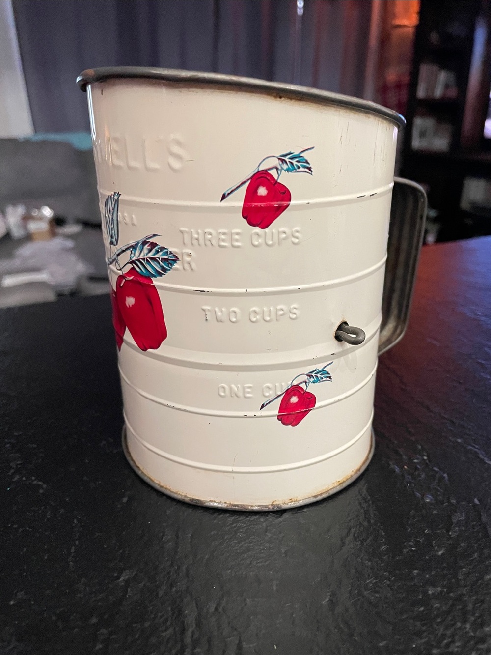 Bromwells Vintage White Metal 3 Cup Measuring Flour Sifter with Red Apple Design